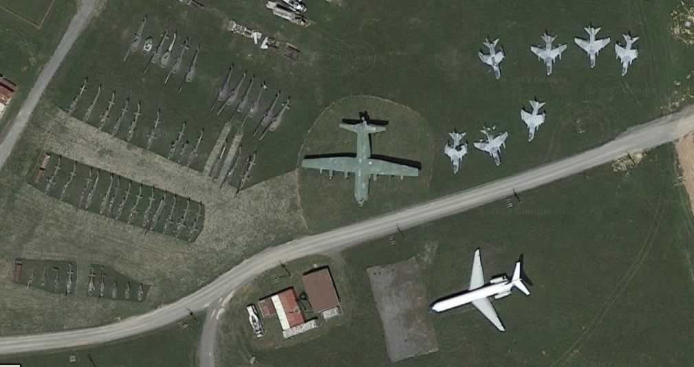Aerial view of the aircraft and helicopter boneyard at the Aberdeen Proving Ground in Maryland