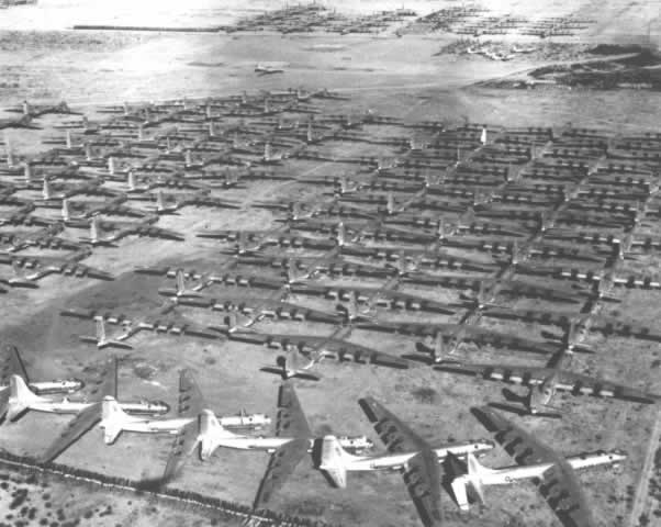 Aerial view of Convair B-36 Peacemakers at Davis-Monthan Air Force Base awaiting scrapping