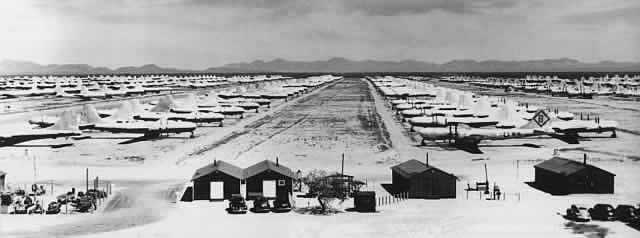 Rows of cocooned Boeing B-29 Superfortress bombers in storage at Davis-Monthan Air Force Base boneyard, circa 1950