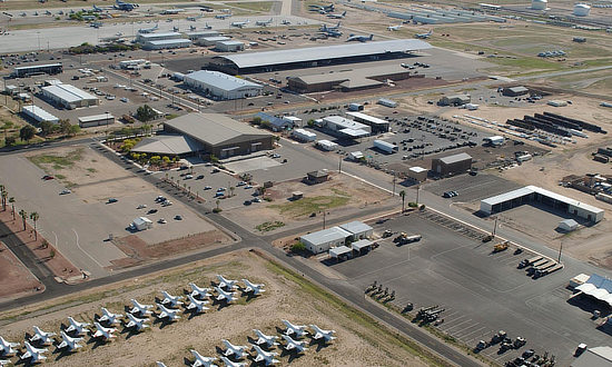 Aerial view of work areas at Davis-Monthan Air Force Base AMARG facility in Tucson, Arizona
