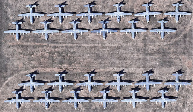 Aerial view of C-130 aircraft at Davis-Monthan Air Force Base AMARG boneyard