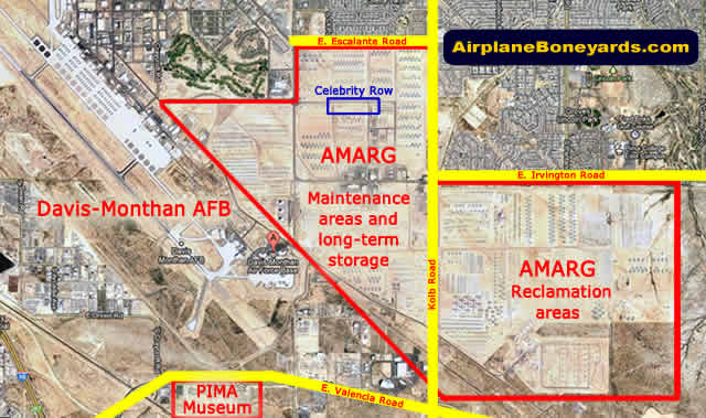 Map of the location of Davis-Monthan Air Force Base, the AMARG boneyard areas, and the Pima Air Museum in Tucson, Arizona