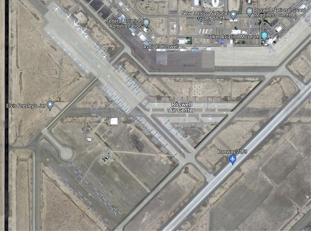Aerial view of the Roswell International Air Center with airliners in storage in 2022