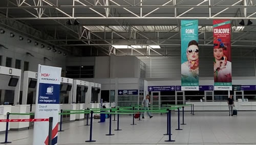 Interior view of the Tarbes–Lourdes–Pyrénées Airport terminal in France